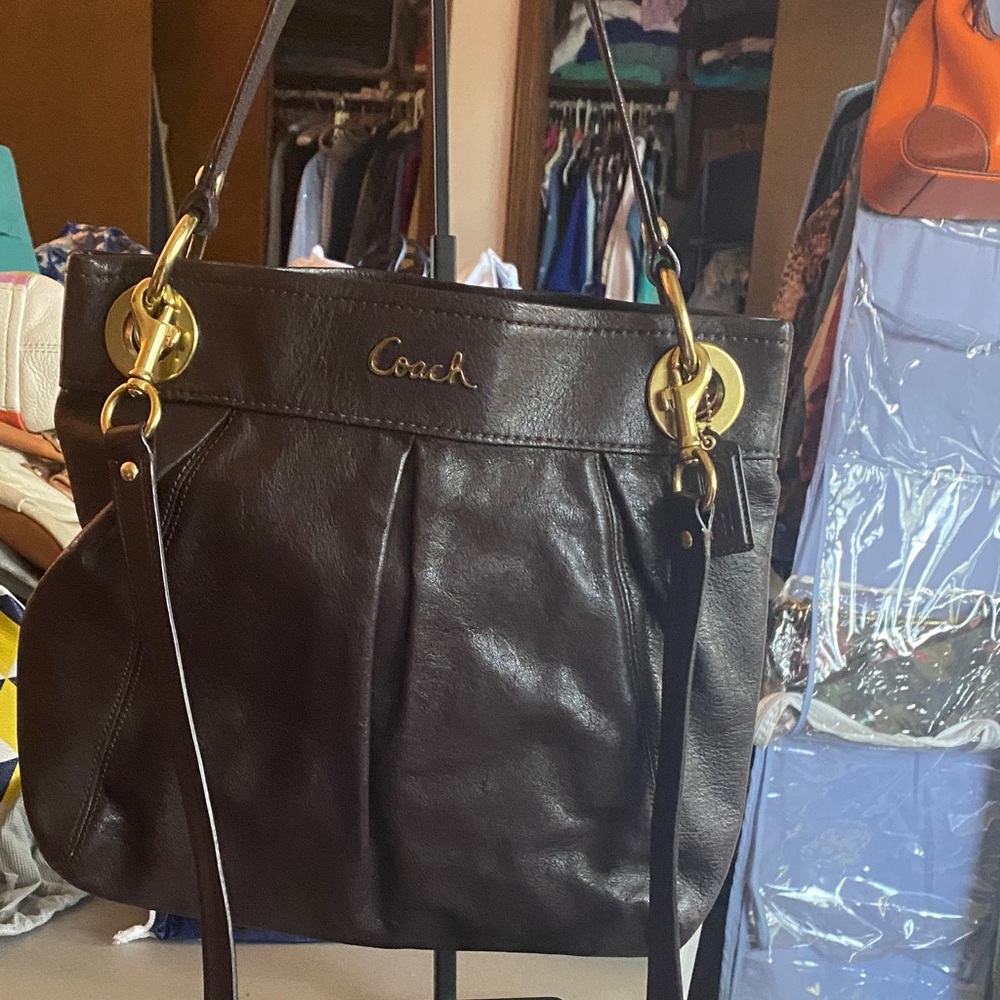Coach Dark Brown Leather Shoulder Bag with Gold Accents